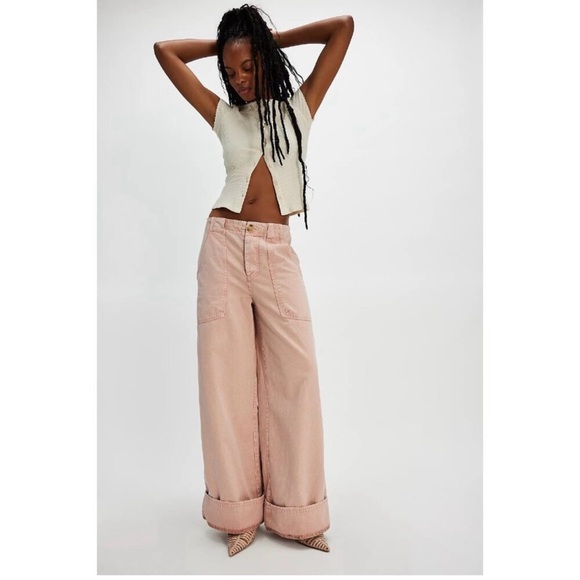 Free People Long Game Chinos Soft Pink Mauve Wide Leg - Picture 8 of 9